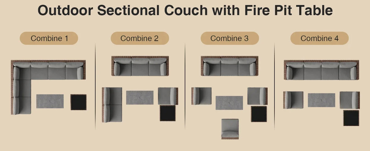 Qsun 8 Pieces Outdoor Patio Furniture Set with 44.9" Fire Pit Table, All-Weather Wicker Outdoor Patio Sectional Set with Coffee