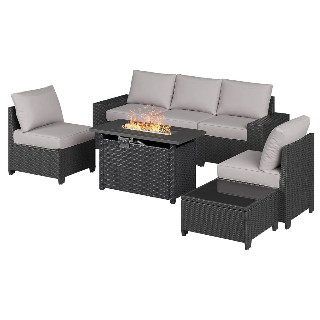 Outdoor Patio Furniture Set 44in Fire Pit Table 7 Pcs Sectional 4in Cushion Widen Armrests Wicker Backyard Grey, Customized