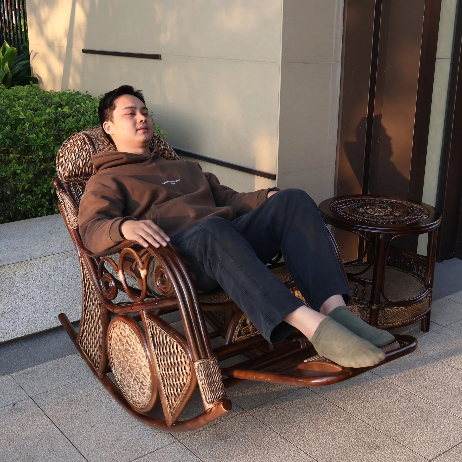 Natural rattan rocking chair elderly recliner balcony