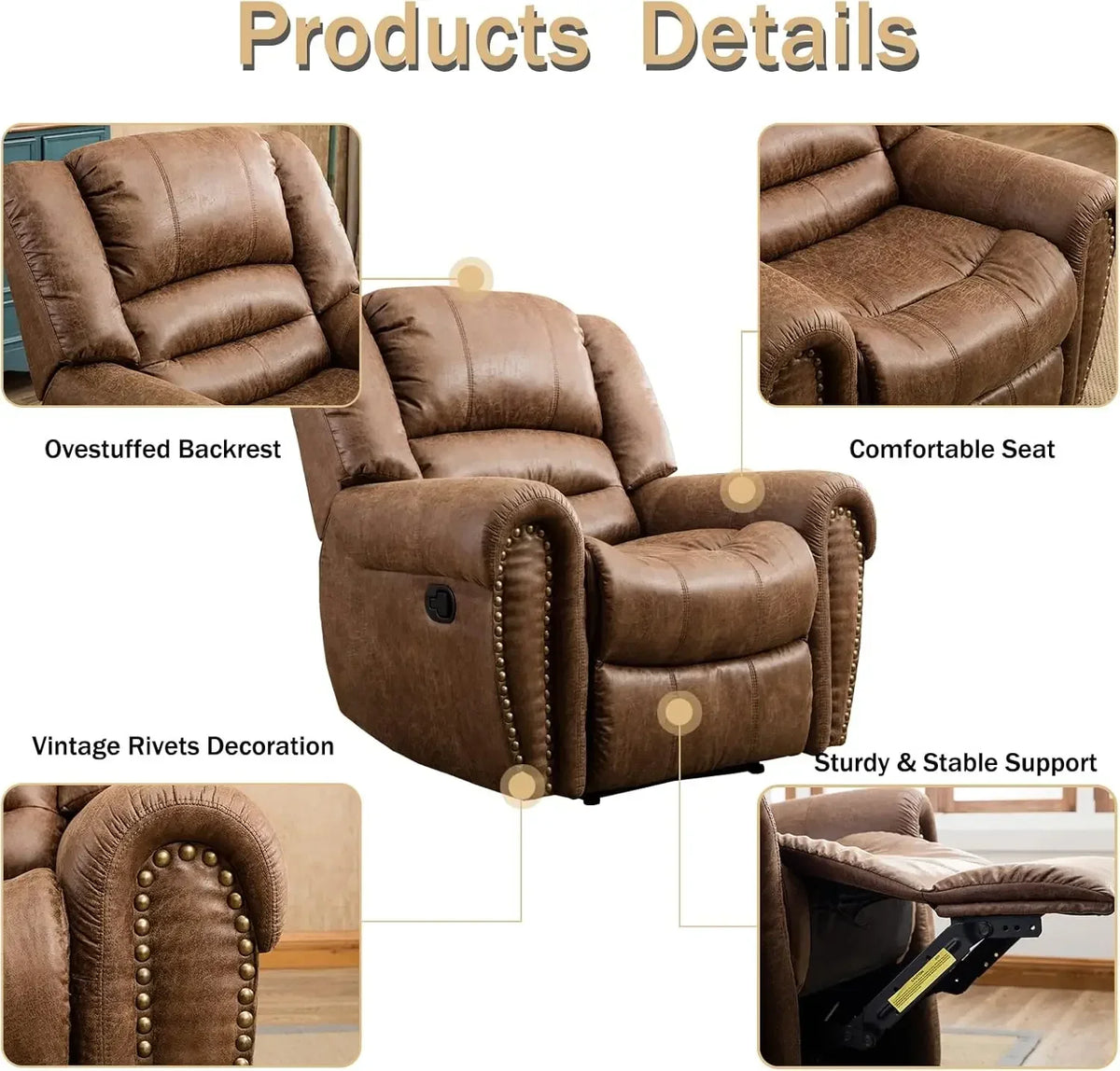Leather Recliner Chair, Classic and Traditional Manual Recliner Chair with Comfortable Arms and Back Single Sofa for Livin