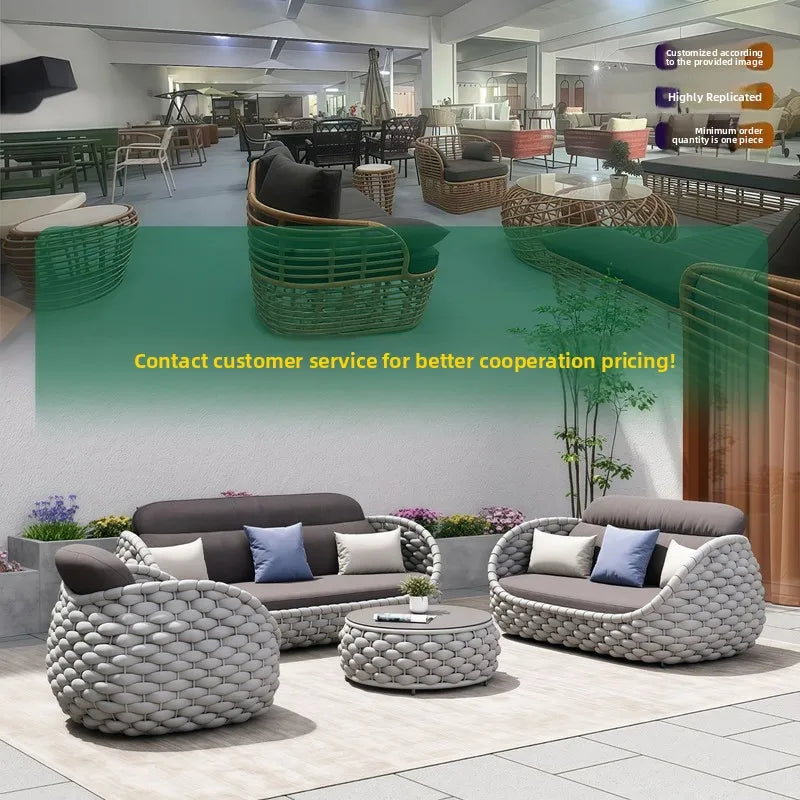 `Outdoor Rattan Sofa Coffee Table Set Waterproof UV Resistant Villa Courtyard Garden Terrace Leisure Wicker Patio Furniture`