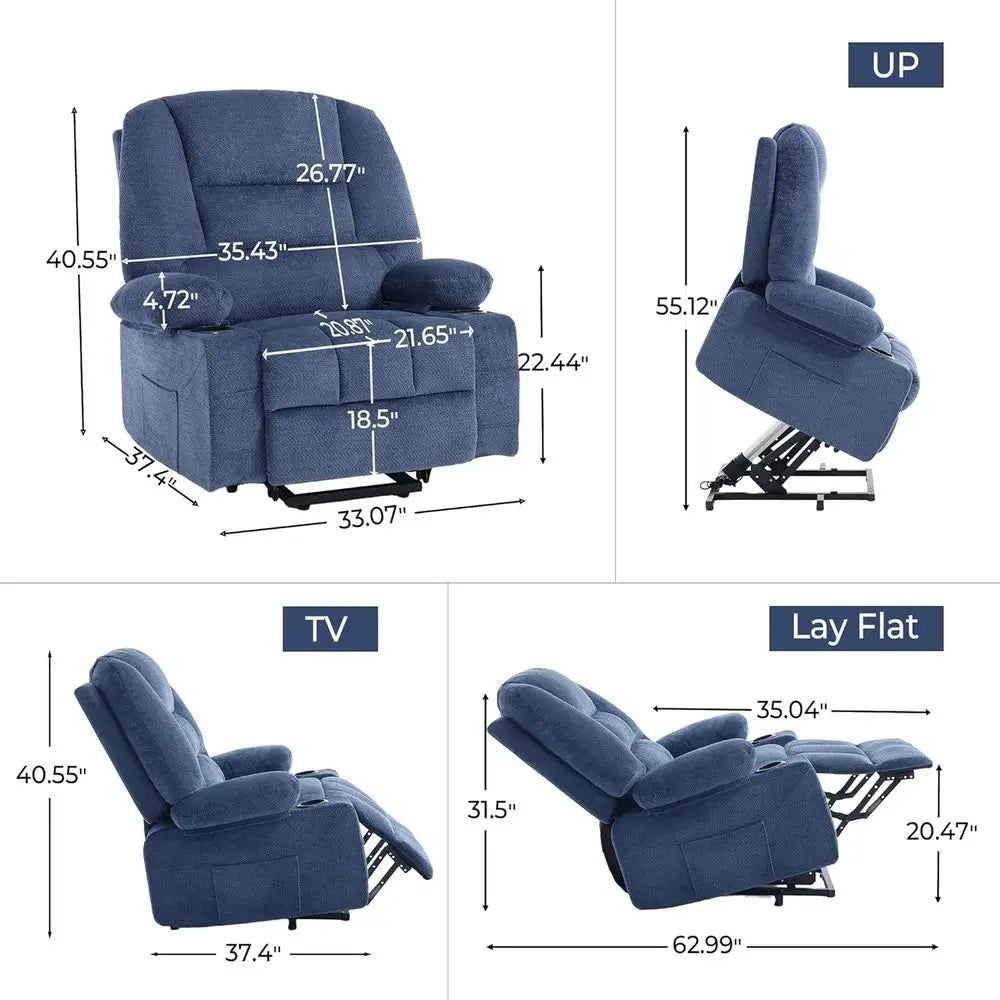Electric Recliner Chair with Cup Holder, USB Port, Fabric, Power-Lift, Heat, and Massage, Ideal for Seniors, Blue