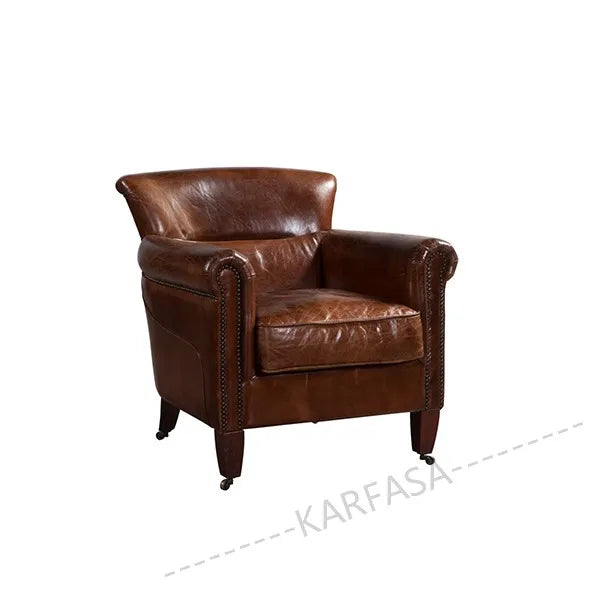 Classic Genuine Leather Single Sofa Wood Frame European-American Design for Living Room Office | High Quality Luxury Furniture