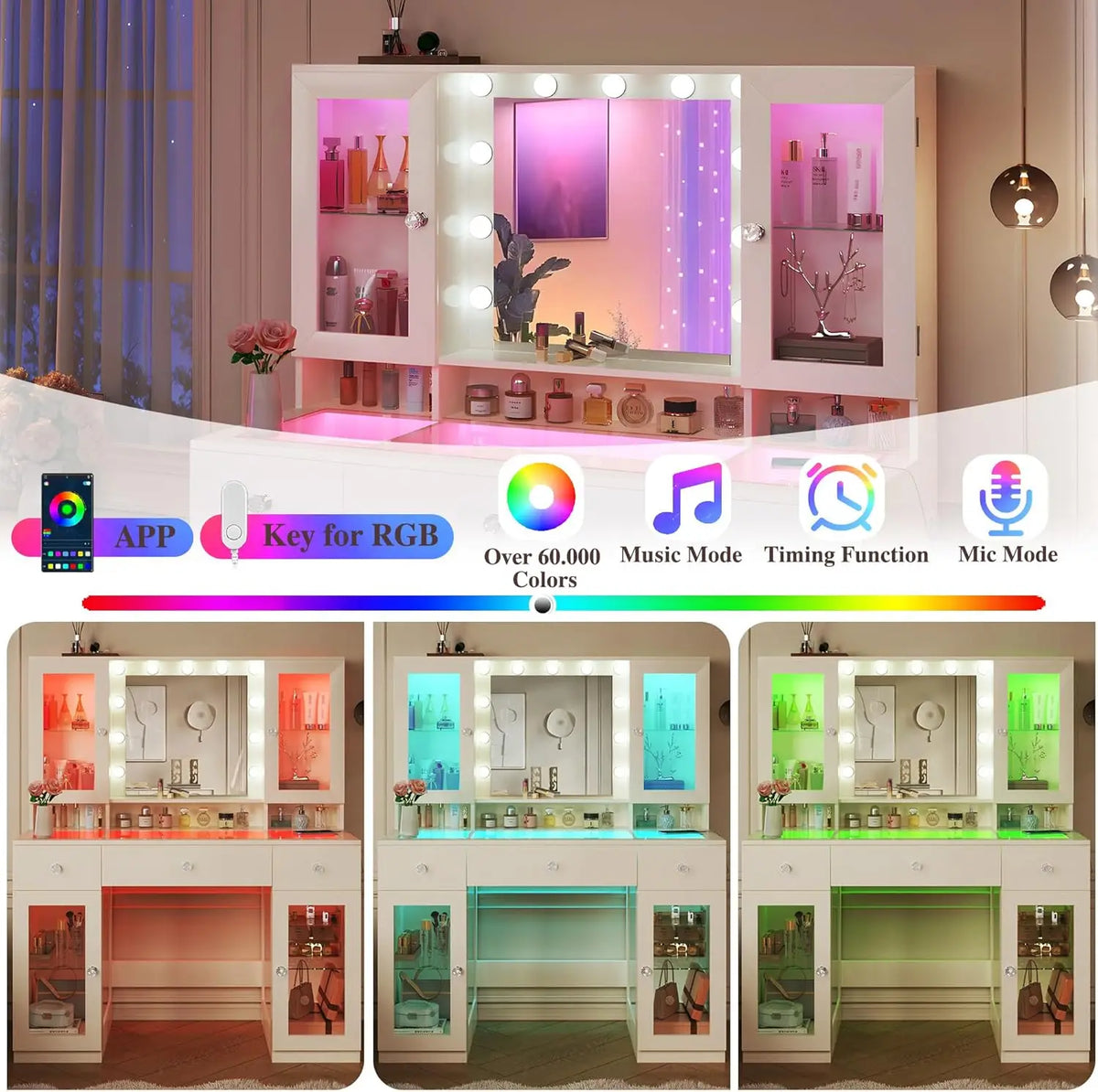 Vanity Desk with Mirror and RGB Lights, 43' Large Makeup Vanity with Glass Top, 4 Large Glass Cabinets, Power Outlet & 3 Drawers