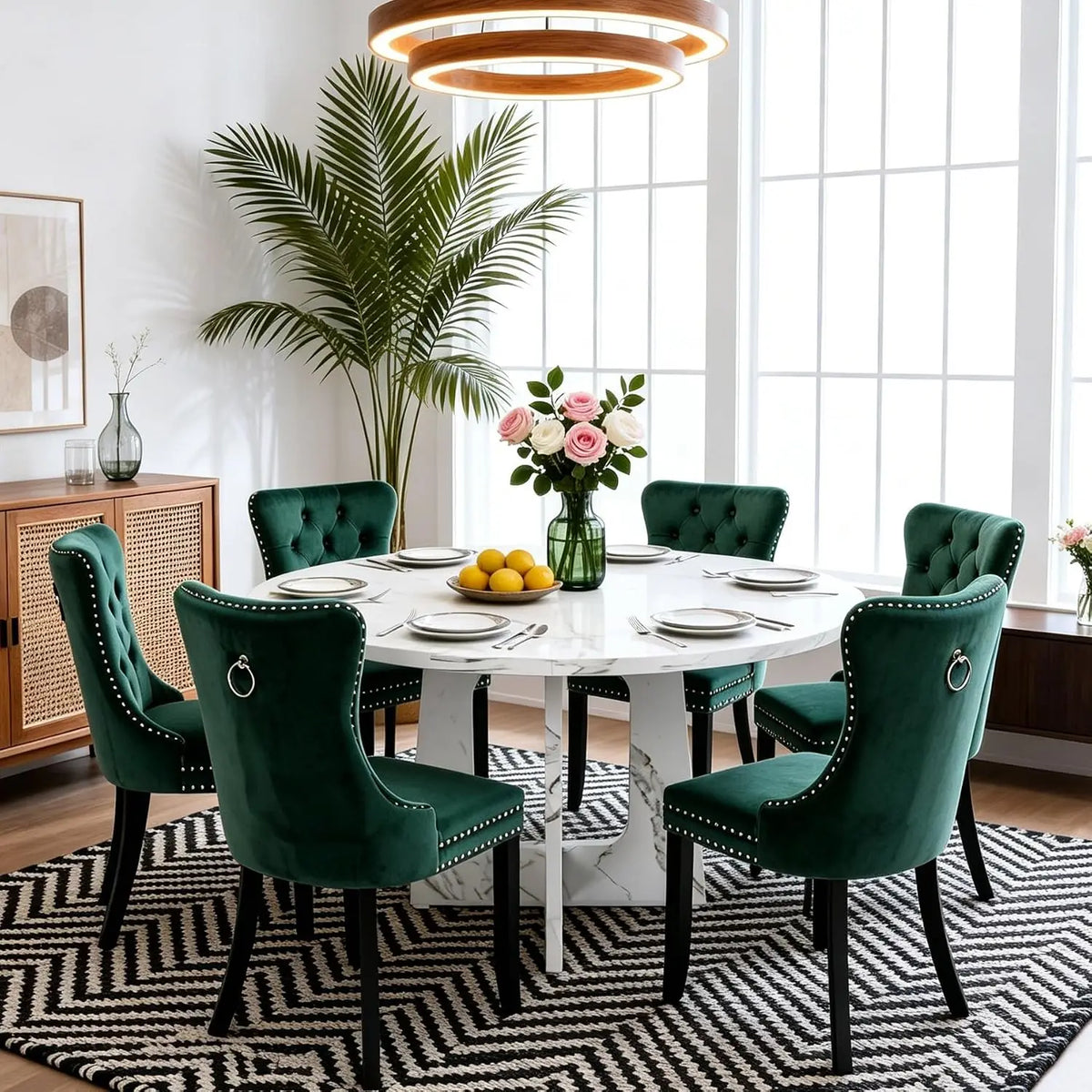 7-Piece Round Dining Table Set for 6, 47" Black Farmhouse Kitchen Table with 6 Gray Velvet Tufted Chairs, Modern Circle, Custom