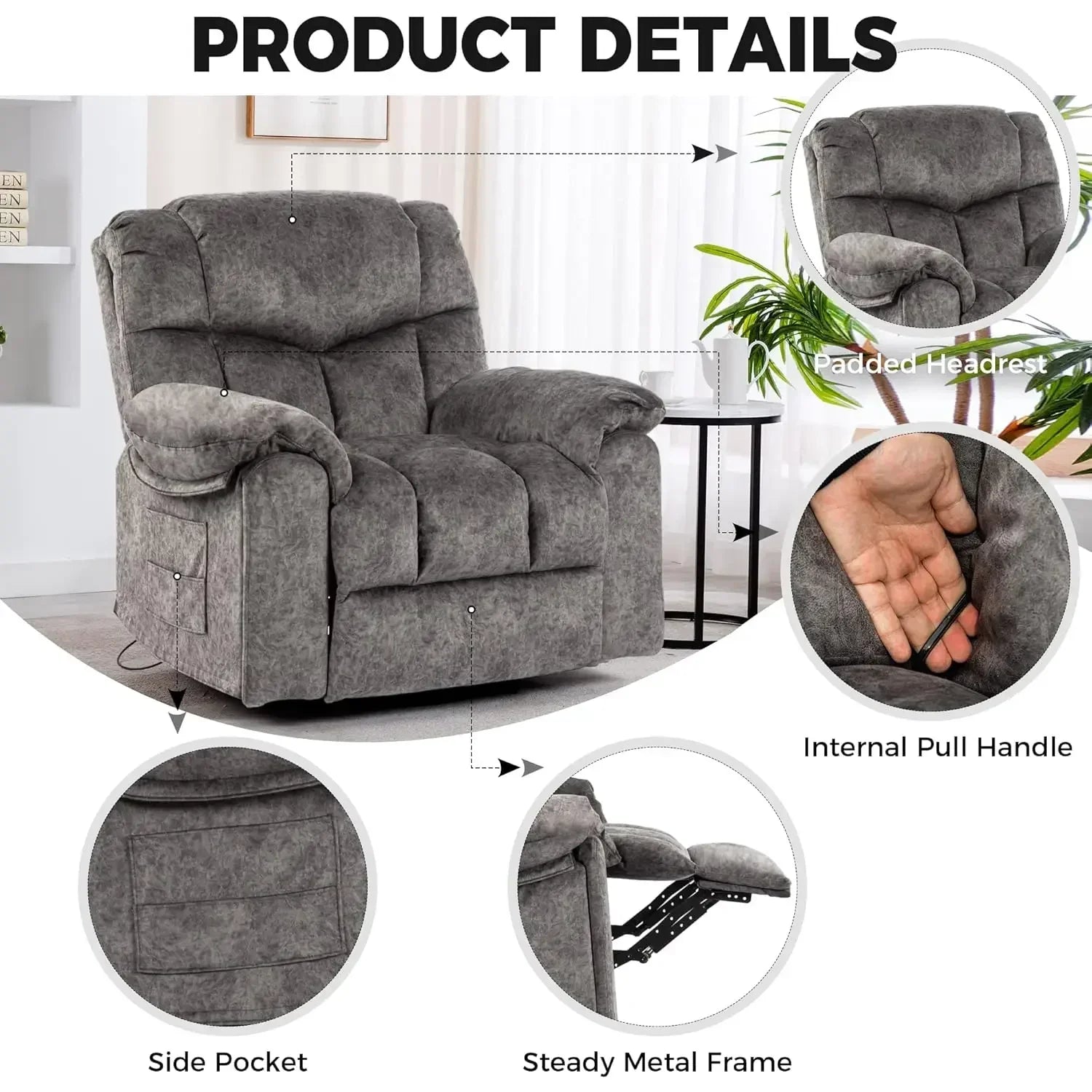 Recliner Chair with Swivel Glider Base for Living Room, Overstuffed Rocker Recliner with Foldable Armrest & Hidden, Customized