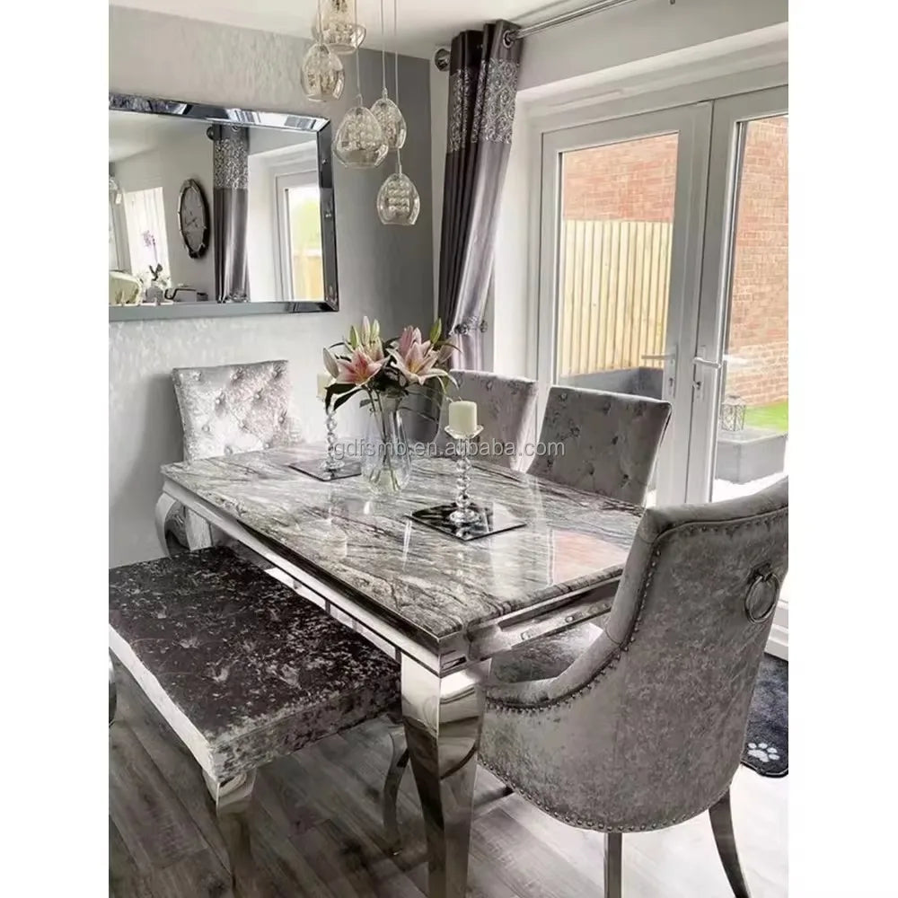 Italian Furniture Luxury Dining Table Set 4 6 8 Chairs Restaurant Dining Table and Chair Set Stainless Steel Marble Dining Table