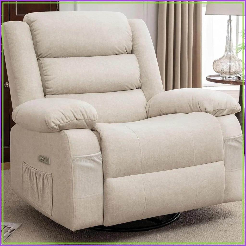 Power Recliner Chair with Massage Heat 270° Swivel USB Port Oversized Wide Seat Beige