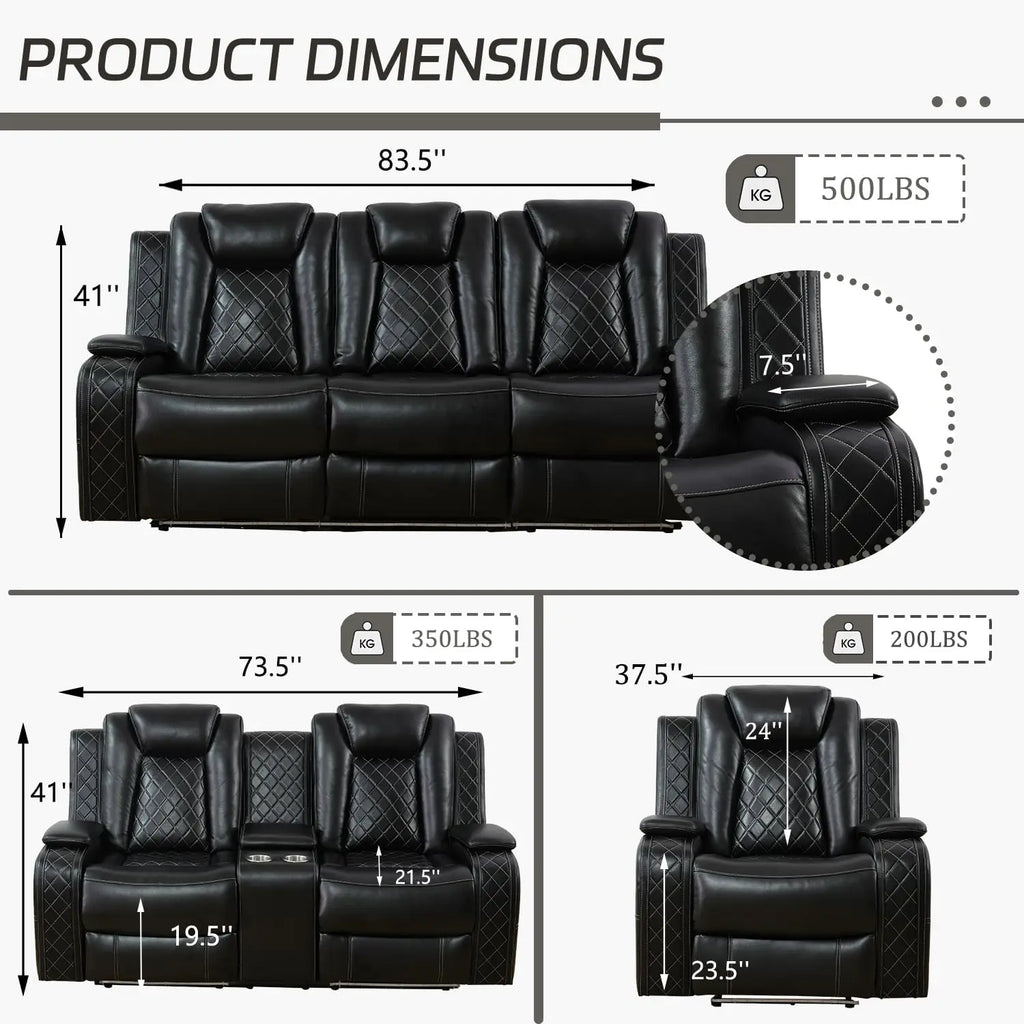 #￥Power Recliner Sofa Set with LED  Leather Reclining Sofa Set Loveseat Chair with USB Port Cup Holders Storage for Home Theater