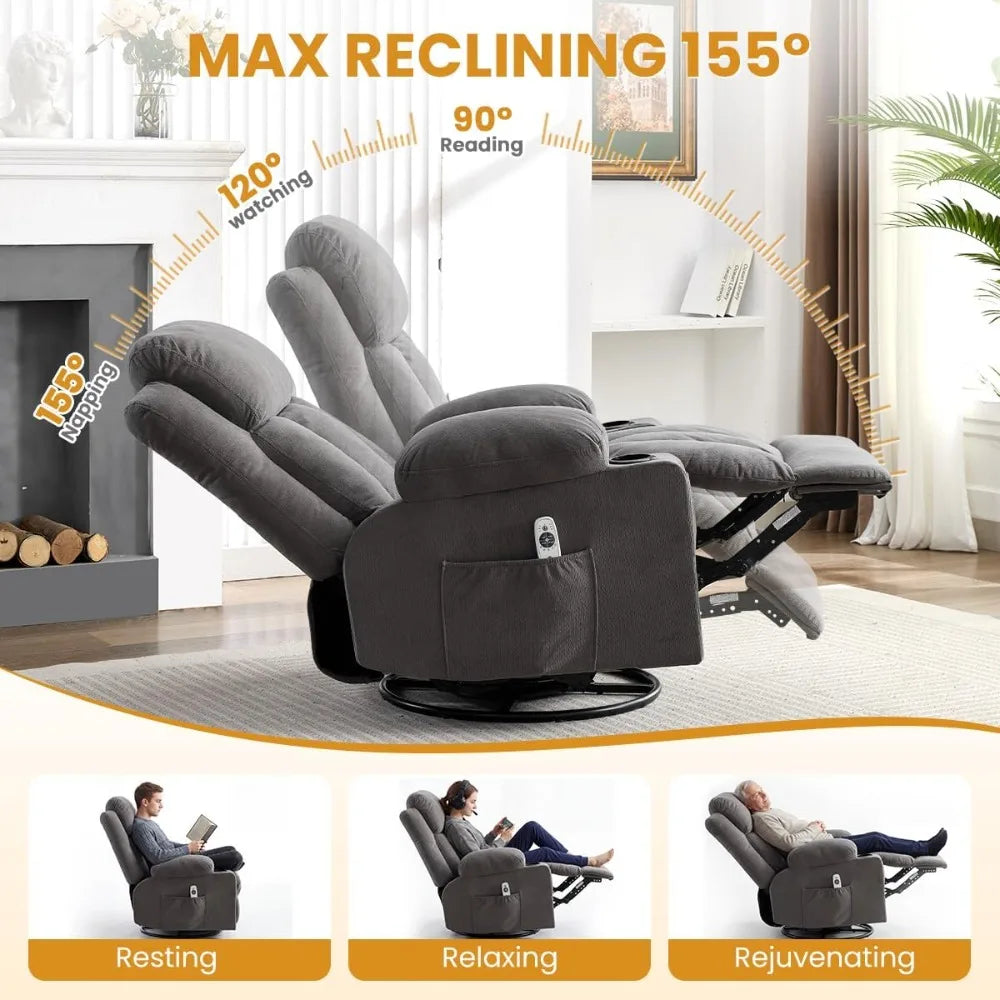Swivel Rocker Recliner Chair Massage Heating USB Charge Side Pockets 155 Reclining 30 Rocking