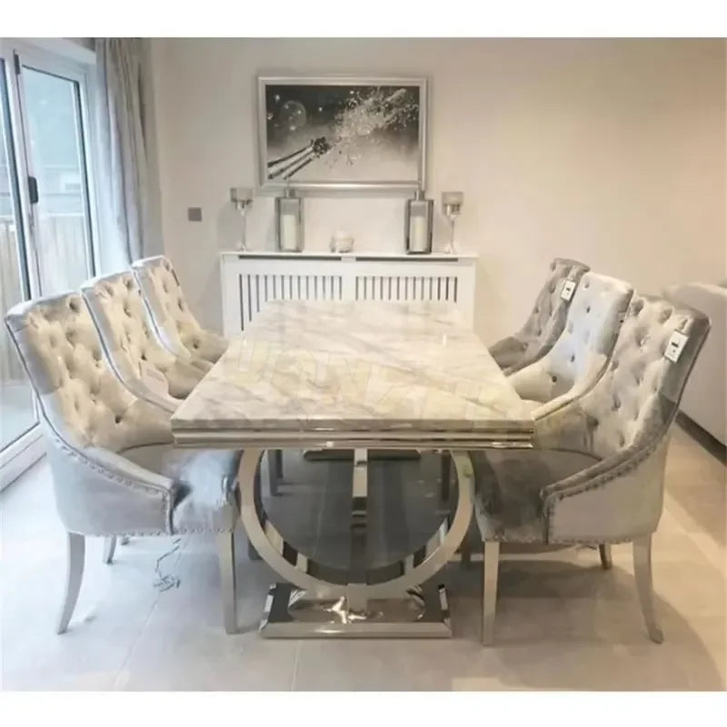 2026 Hot Sale Dining Table and 6 Chairs Set for Modern Home Grey High-End Marble Dining Table Set