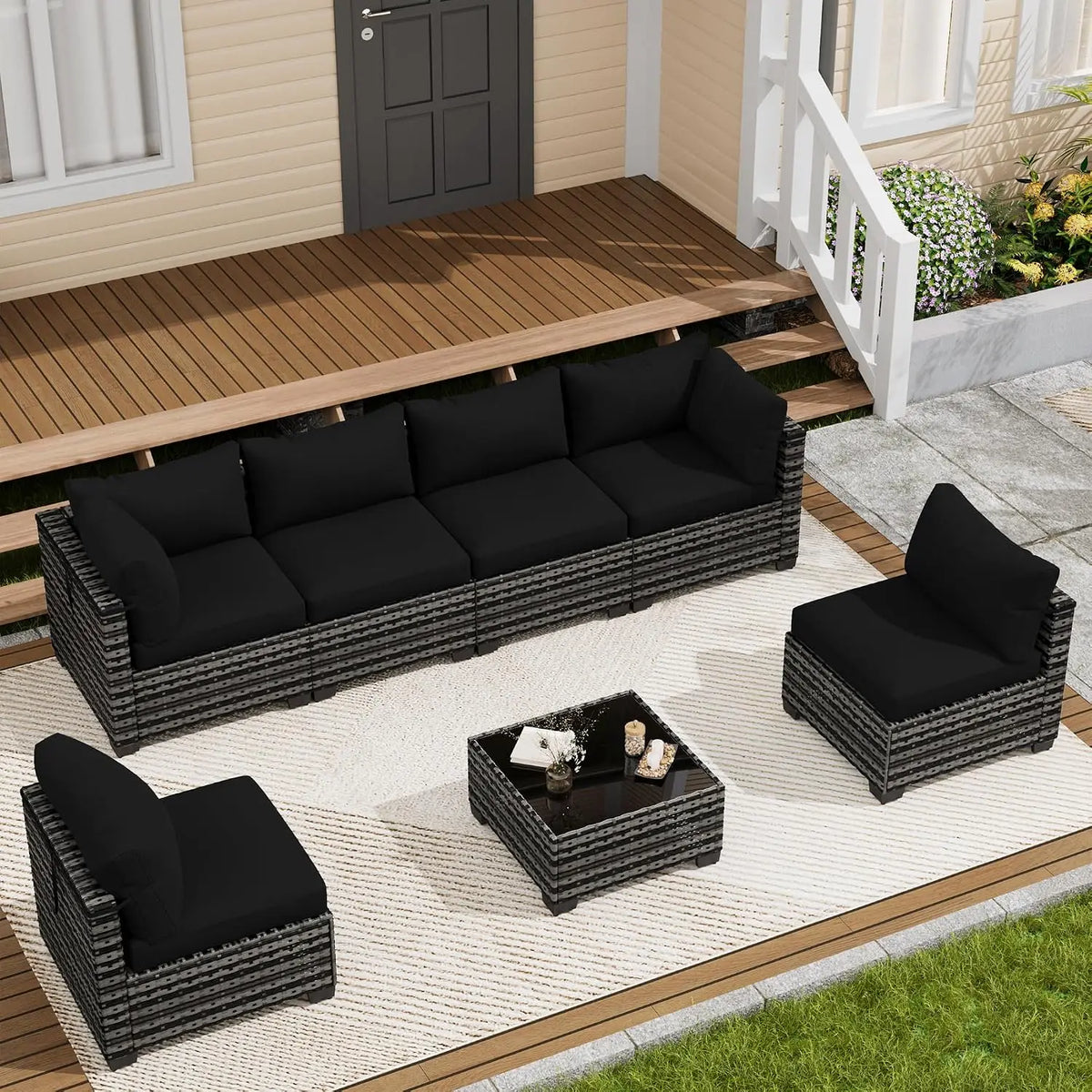 7 Piece Wicker Rattan Patio Conversation Set, Outdoor Sectional Sofa, Custom