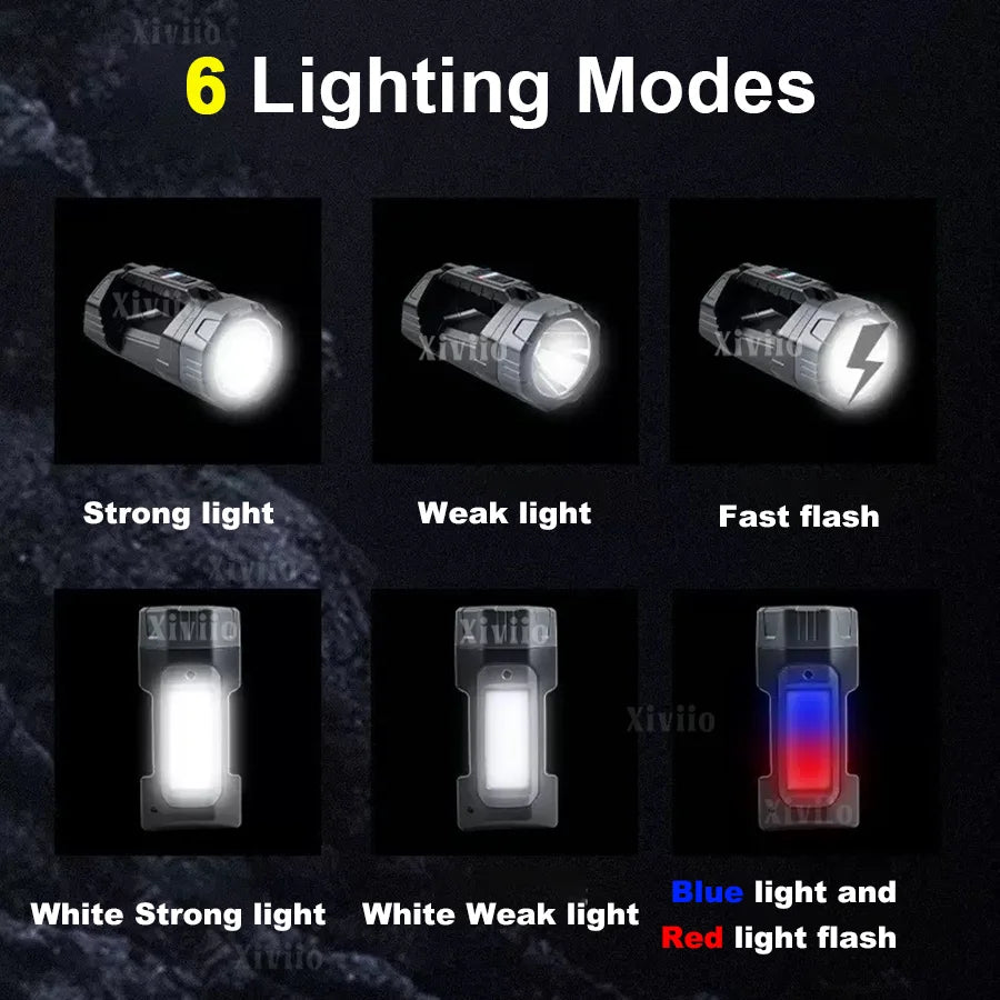 Solar LED Flashlight With COB Side Light Rechargeable Portable Handheld Flashlight Multifunction Outdoor Camping Fishing Lights
