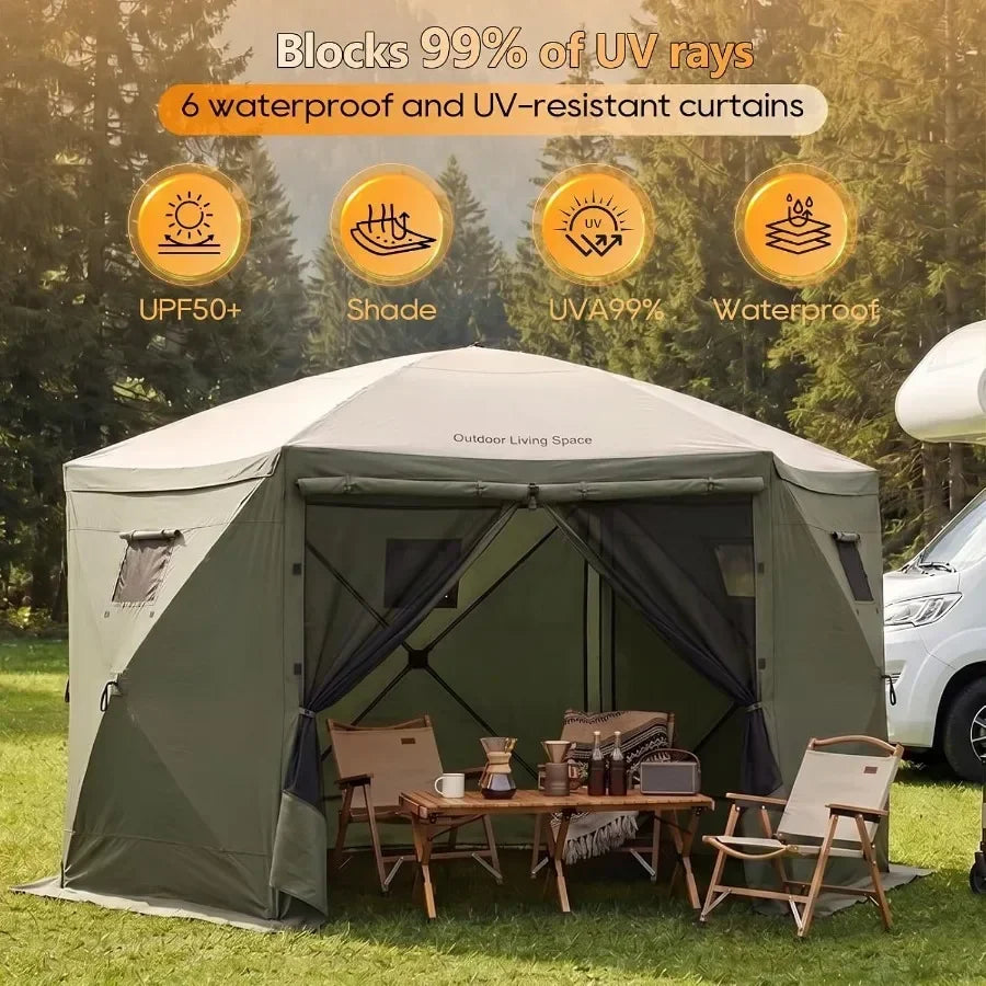 Feet Pop Up Canopy Tent, 6-Sided Portable Gazebo with Mosquito Netting and Removable Wind Cloths, Large Shelter Tent for Outdoo