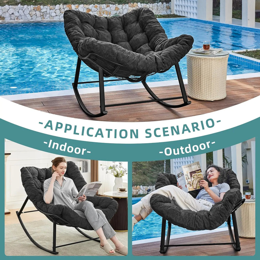 Oversized Rocking Chair Indoor, Papasan Rocking Chair Outdoor, Lounge Chair with Cushion, Patio Egg Rocker Chairs, Comfy