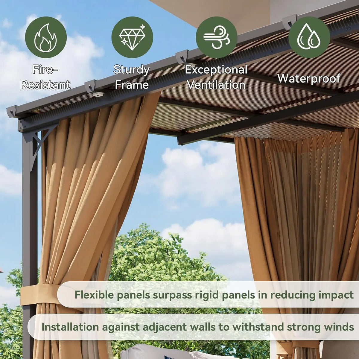 10x12ft Aluminum Lean-to Gazebo, Mosquito Net, Curtains & Polycarbonate Panel for Patio, Custom