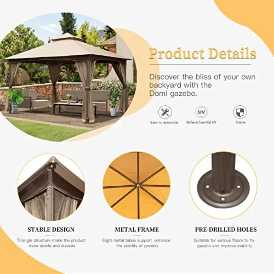 Domi 10' x 13' Outdoor  with Mosquito Netting Double Roof t Top Gazebo Pergola Metal Fe Patio Shelter for Deck Backyard Garden