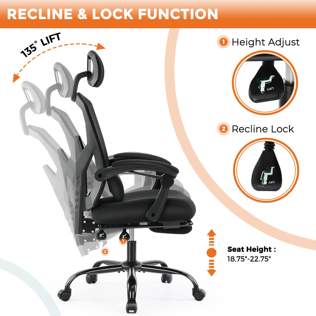 MCQ High Back Ergonomic Reclining Gaming Office Chair with Lumbar Support Pillow Mesh Swivel Rolling Rocking Computer Desk Chair