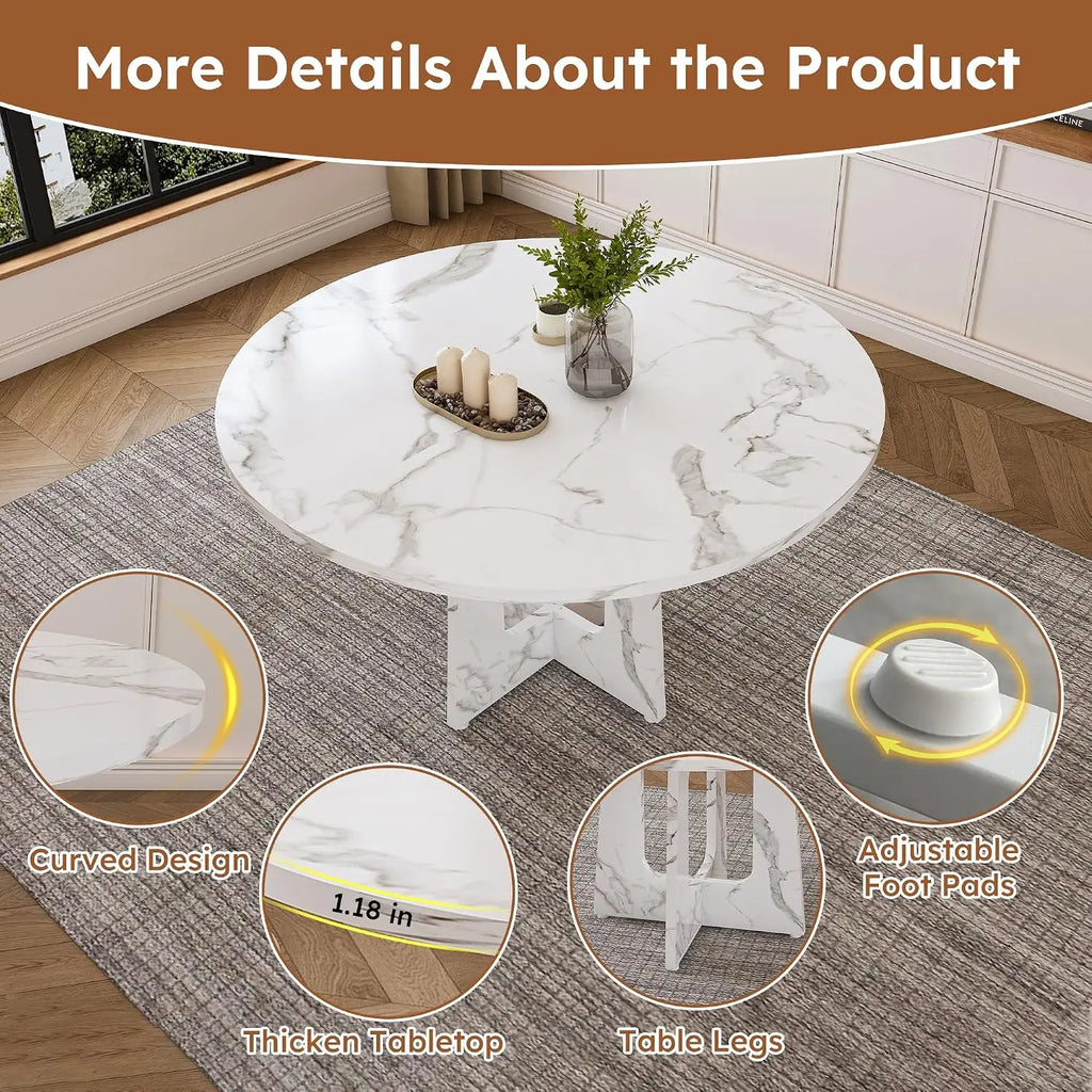 47" Round Farmhouse Dining Table Set, White Faux Marble with 4 Blue Velvet Chairs, Wooden Kitchen & Dining Furniture, Customized