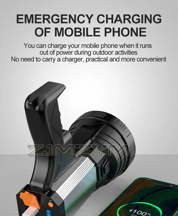 Super Bright Searchlight Powerful Rechargeable Flashlight LED Work Light Long Lasting Spotlight Camping Lantern With Side Light