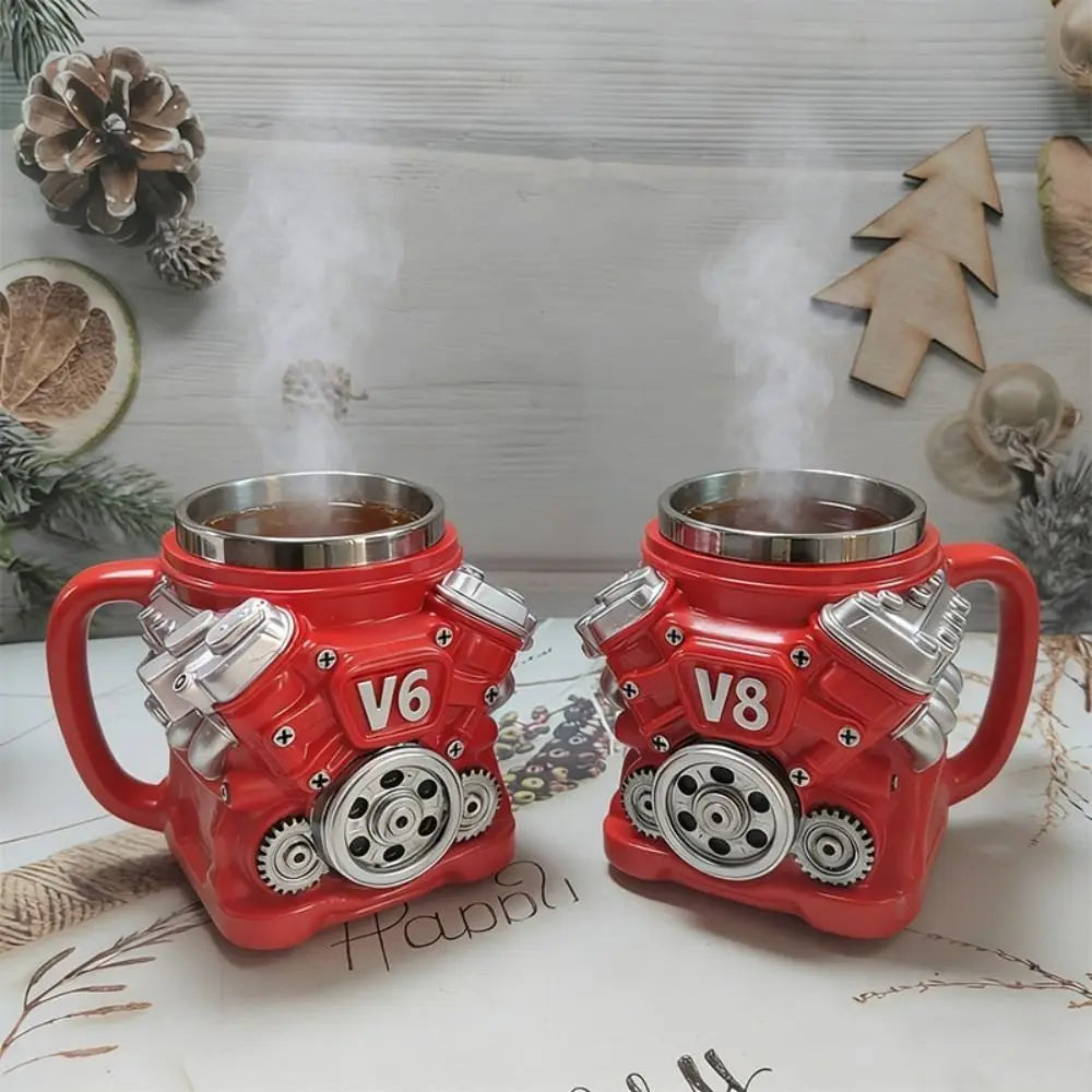 Retro Engine Coffee Mug with Handle 300ML 15oz V6 Engines Stainless Steel Cup Realistic Design Double Wall Insulation Car Mug