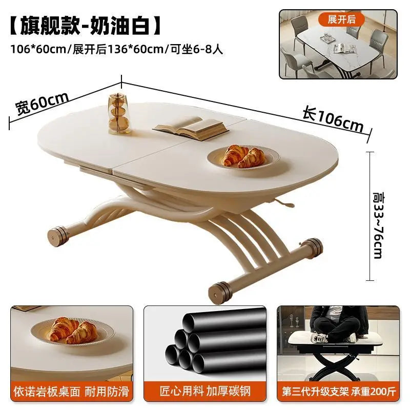 Black light luxury rock slab lifting coffee table dining  dual-purpose retractable mobile dining