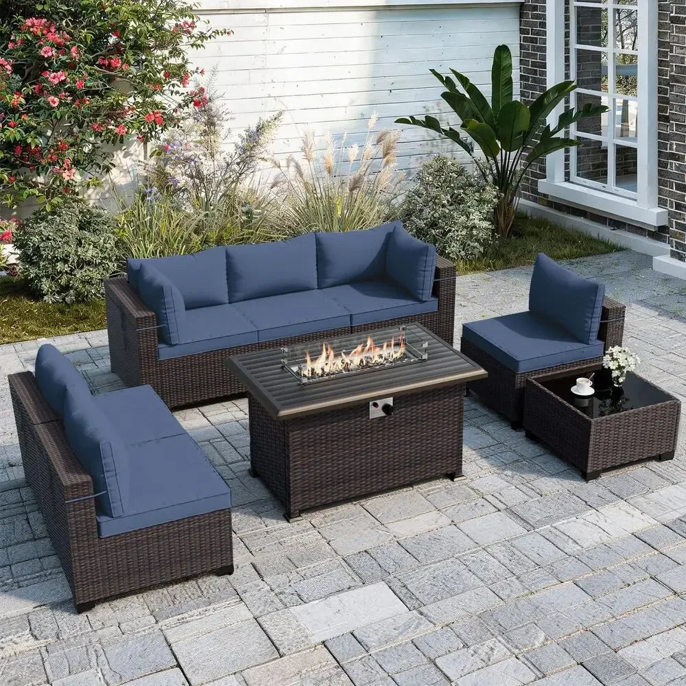 Furniture Set with Fire Pit Table 55000 BTU, Outdoor Sectional with Wide Seat and Thick Cushion, 8 Piece Wicker Rattan Conversa