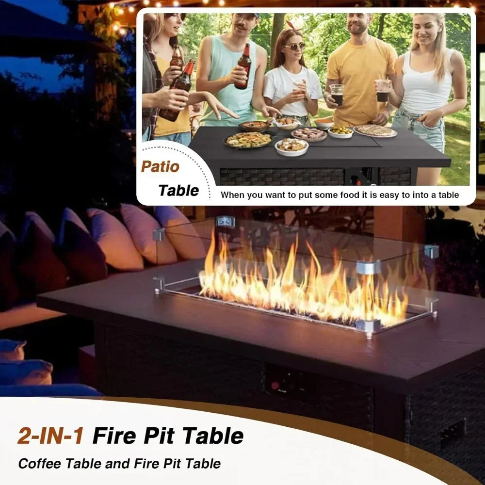 /Garden Furniture 7 Pie Set with Fire Pit Table, Rattan Outdoor Patio Sectional Conversation Furniture Sets WSeat Cushions