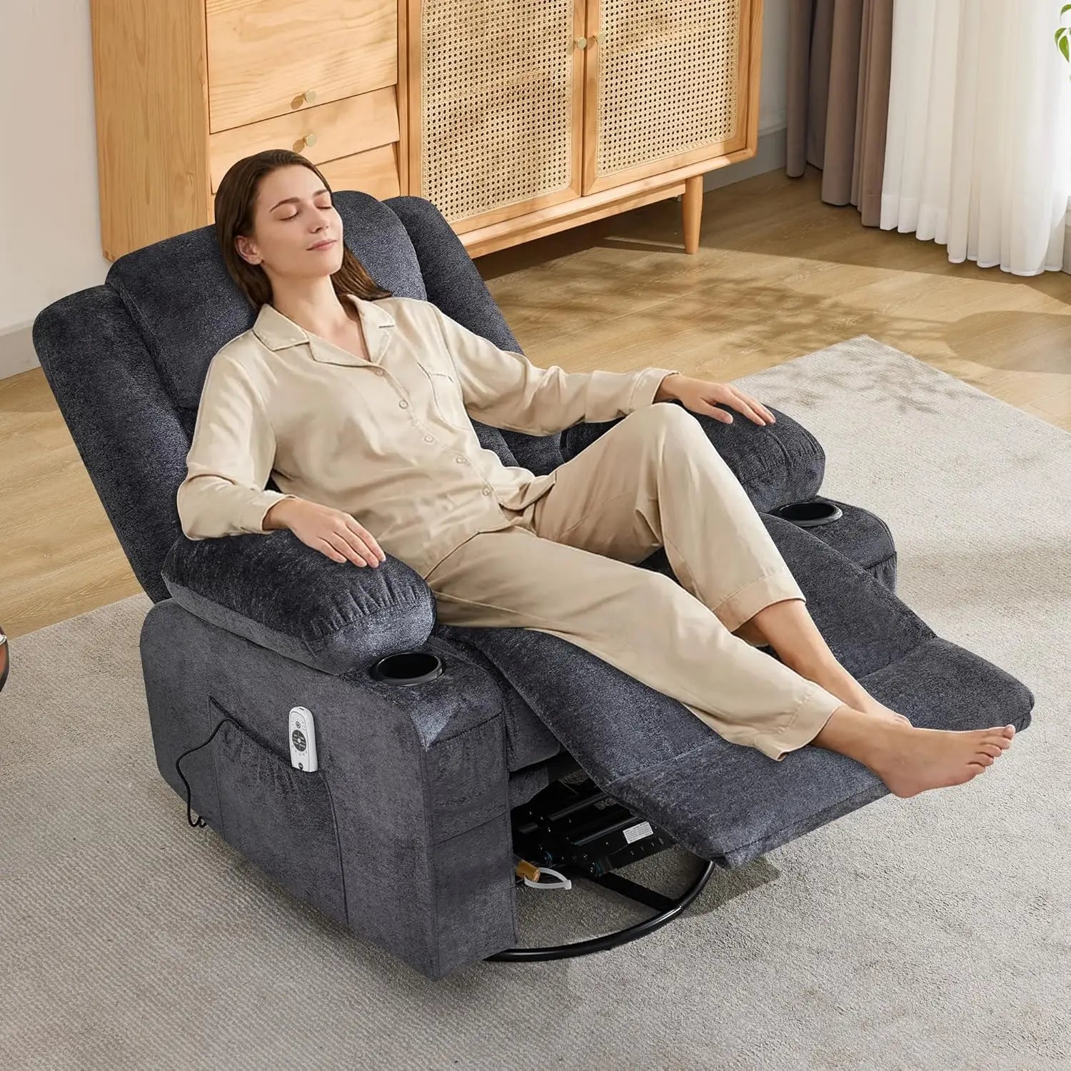 Swivel Recliner Chair w/ Massage & Heat, Rocker, Side Pocket & 2 Cup Holders, Living Room, Customized
