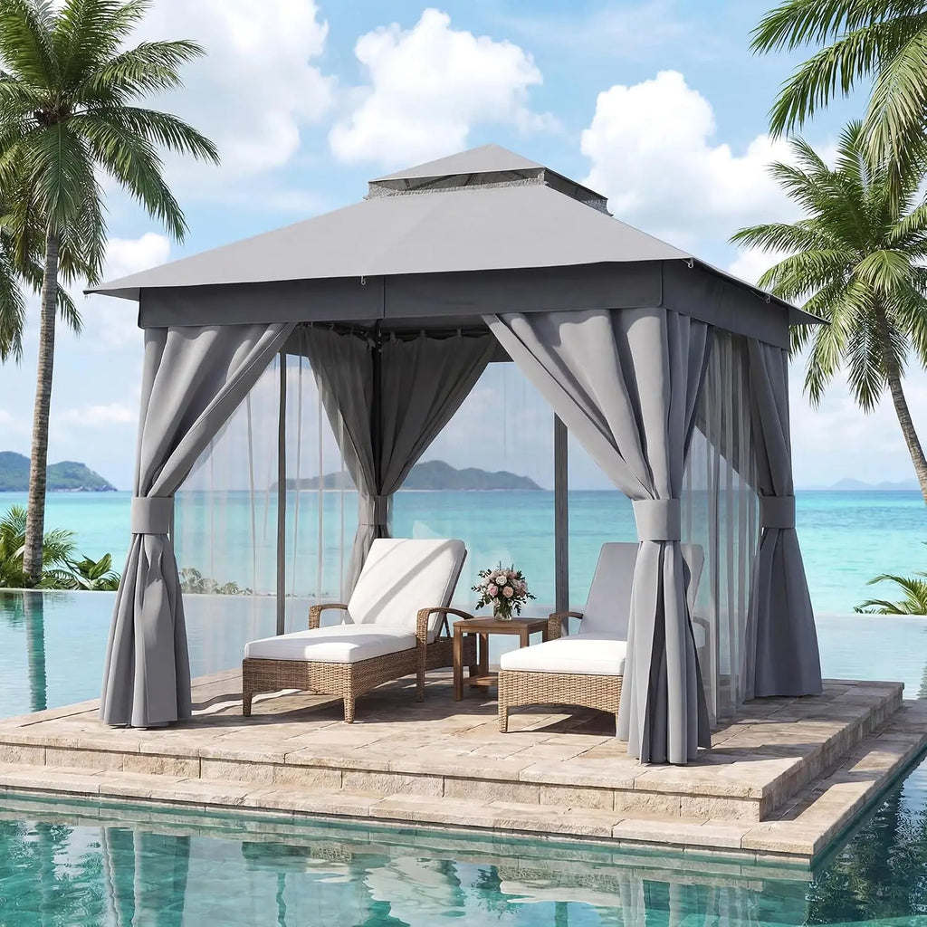 Outdoor Gazebo 8'x8' Heavy Duty Tent with Double Roofs, Mosquito Nettings Privacy Screens for Backyard Garden Deck, Customized
