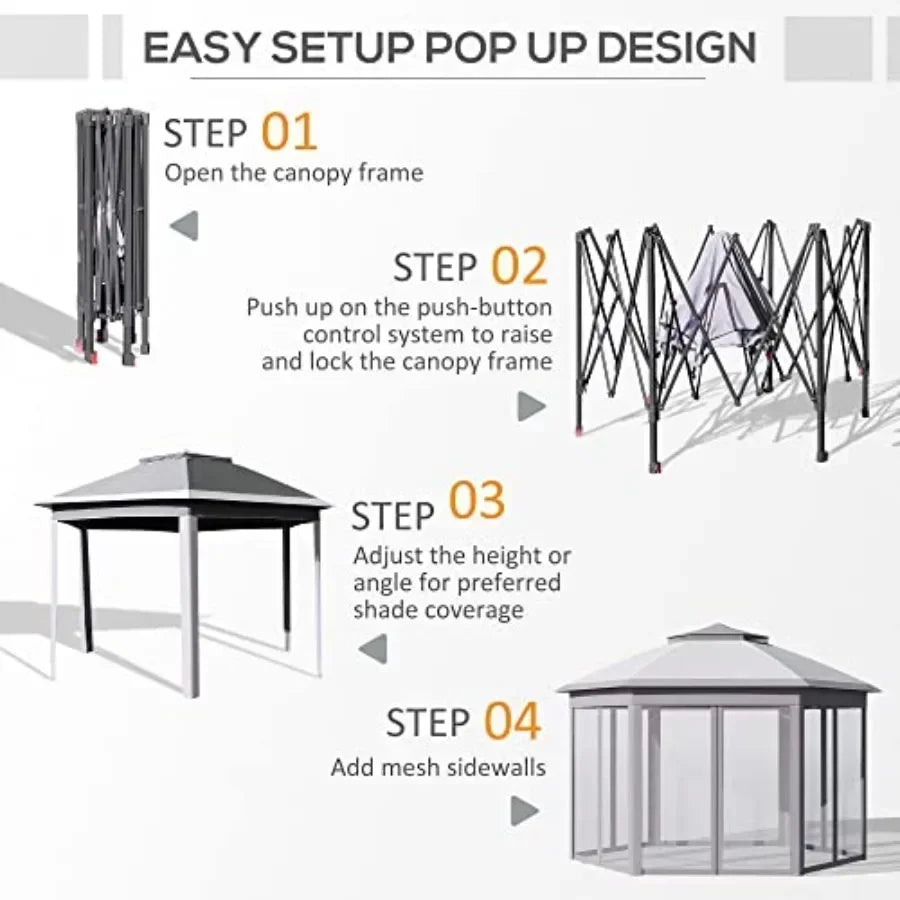 11' x 13' Pop Up Gazebo  Tent with Zippered Mesh Sidewalls and Carrying Bag Event Tent Shelter for Patio Garden Backyard Gray