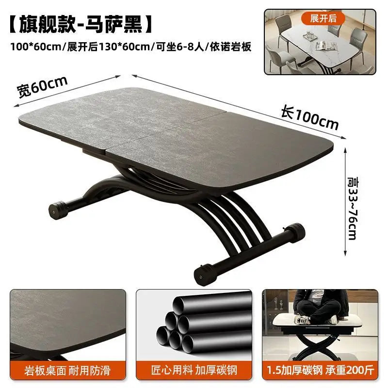 Black light luxury rock slab lifting coffee table dining  dual-purpose retractable mobile dining