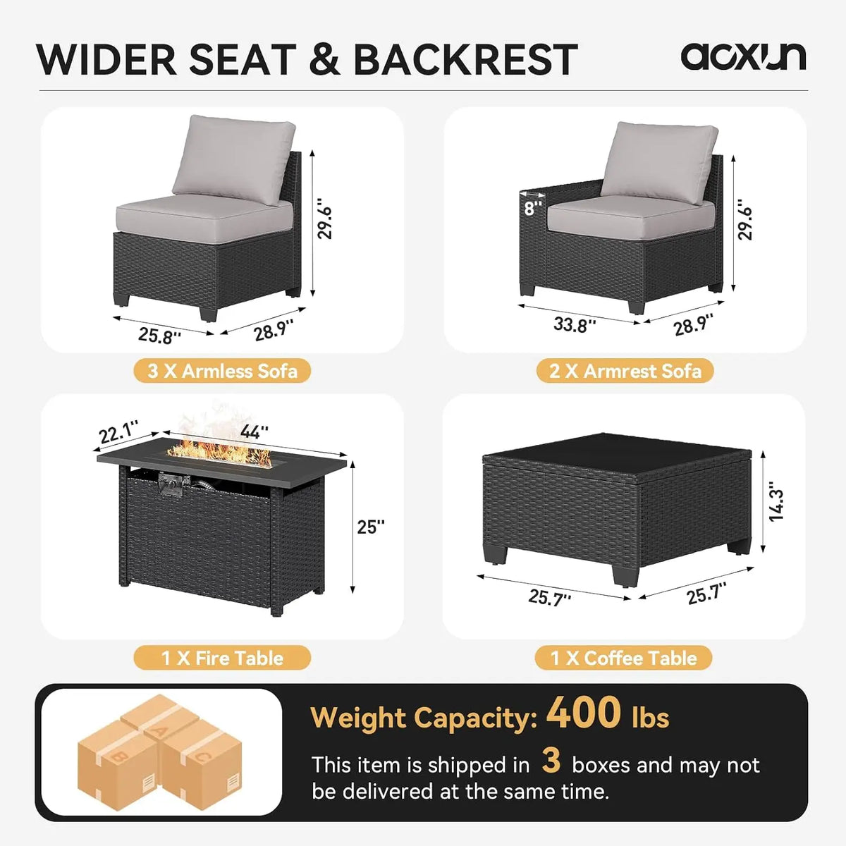 Outdoor Patio Furniture Set 44in Fire Pit Table 7 Pcs Sectional 4in Cushion Widen Armrests Wicker Backyard Grey, Customized
