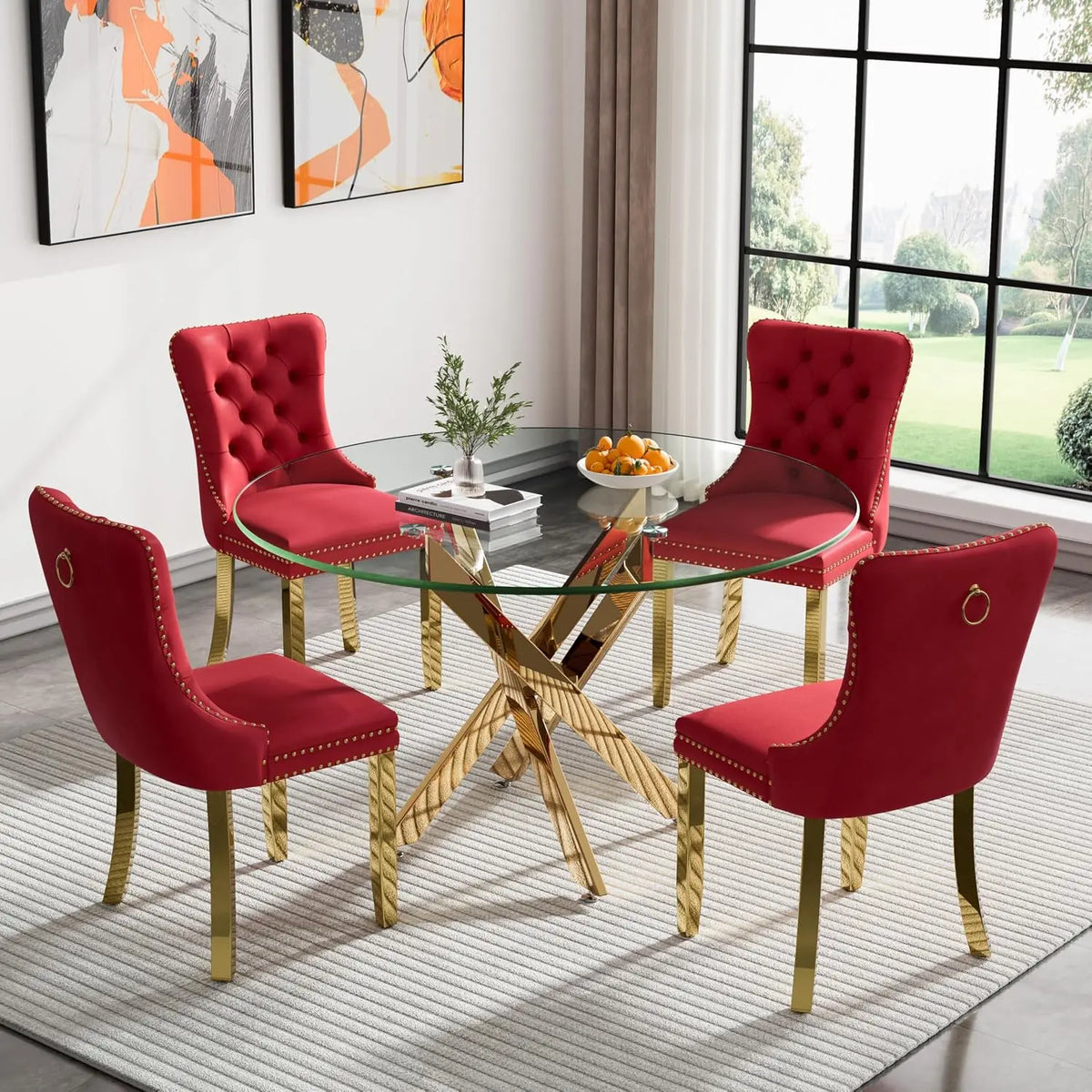 5-Piece Round Glass Dining Table Set for 4, 47.2" Circle Table with 4 Tufted Chairs for Kitchen Home Office, Customized