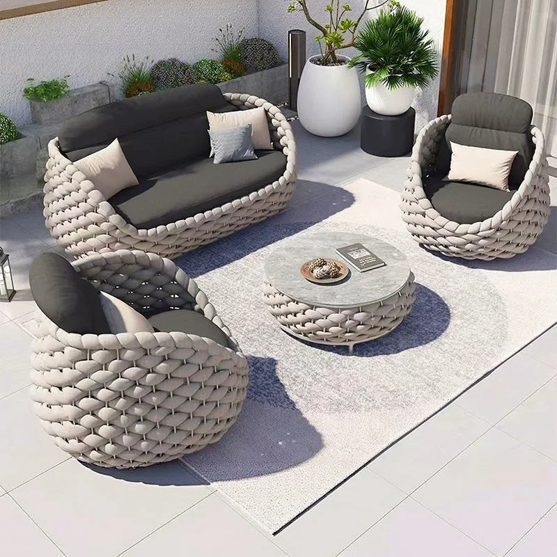 `Outdoor Rattan Sofa Coffee Table Set Waterproof UV Resistant Villa Courtyard Garden Terrace Leisure Wicker Patio Furniture`