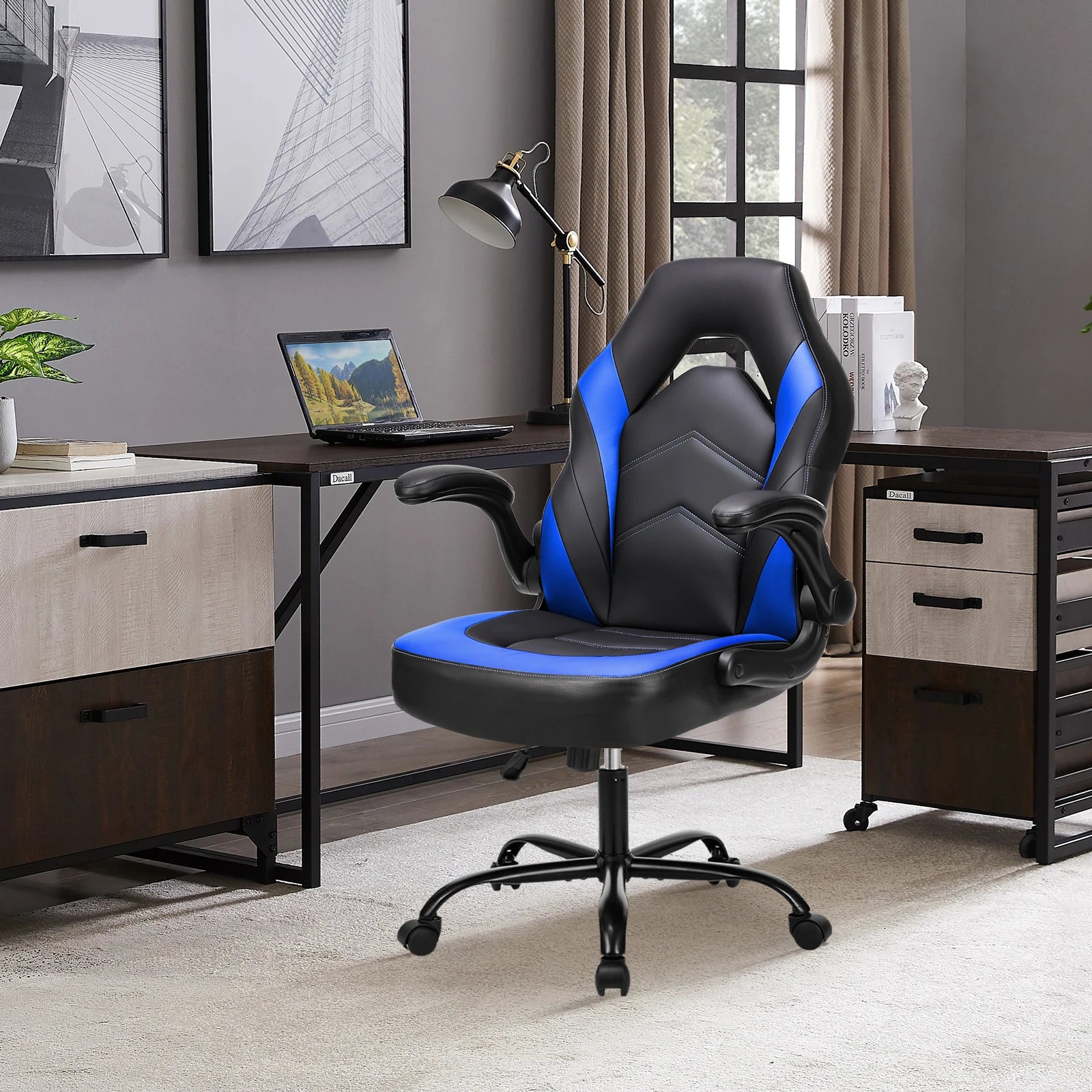 MCQ Gaming Chair Ergonomic Office Chair with Swivel Rolling Adjustable PU Leather Racing Chair Flip-up Armrest For Furniture