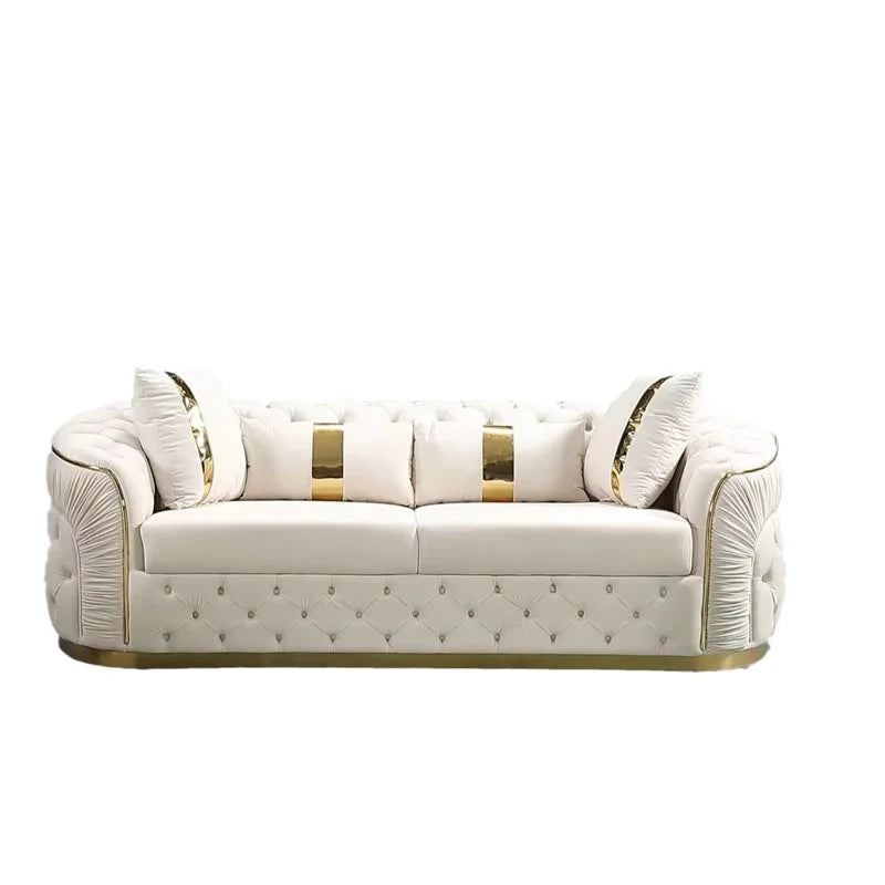 Luxury Chesterfield Sectional Sofa Set with Cloth Buttons and Fabric Modular Couch with Gold Stainless Steel Base, 3-seater Sofa
