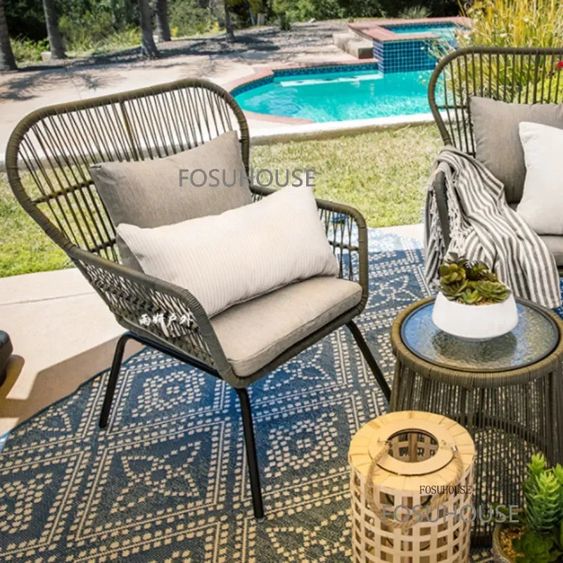 Terrace Rattan Chairs Tea Table Three Piece Set Modern Outdoor Furniture For Balcony Courtyard Garden Leisure outdoor Armchair
