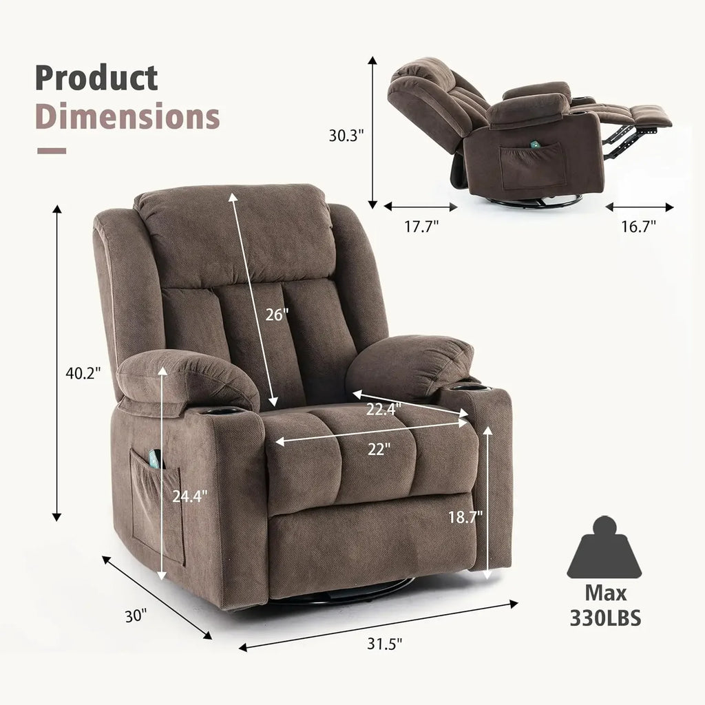 Swivel Recliner Chair with Massage Heat, Rocking Glider, Overstuffed Fabric Living Room Sofa