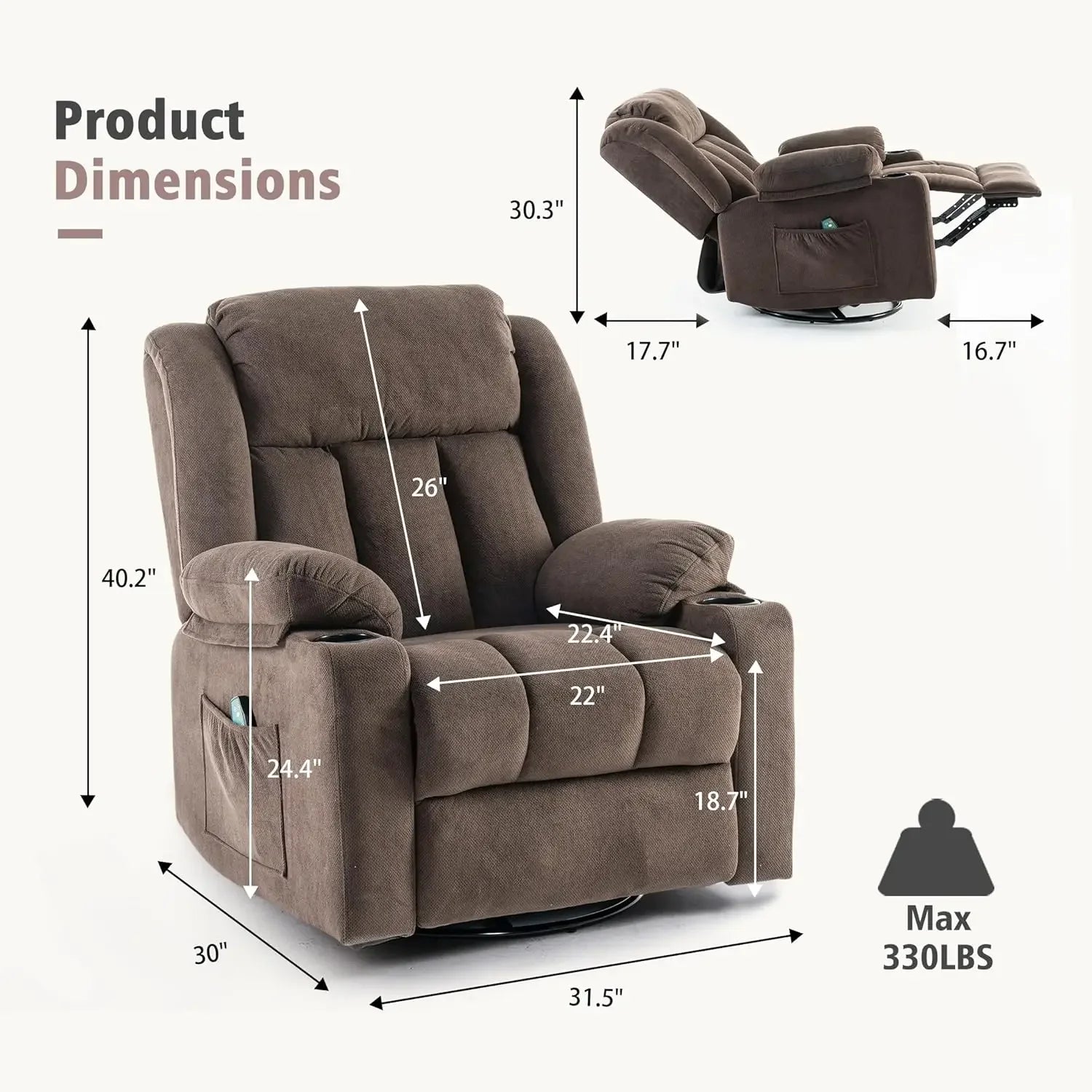 Swivel Recliner Chair with Massage Heat, Rocking Glider, Overstuffed Fabric Living Room Sofa