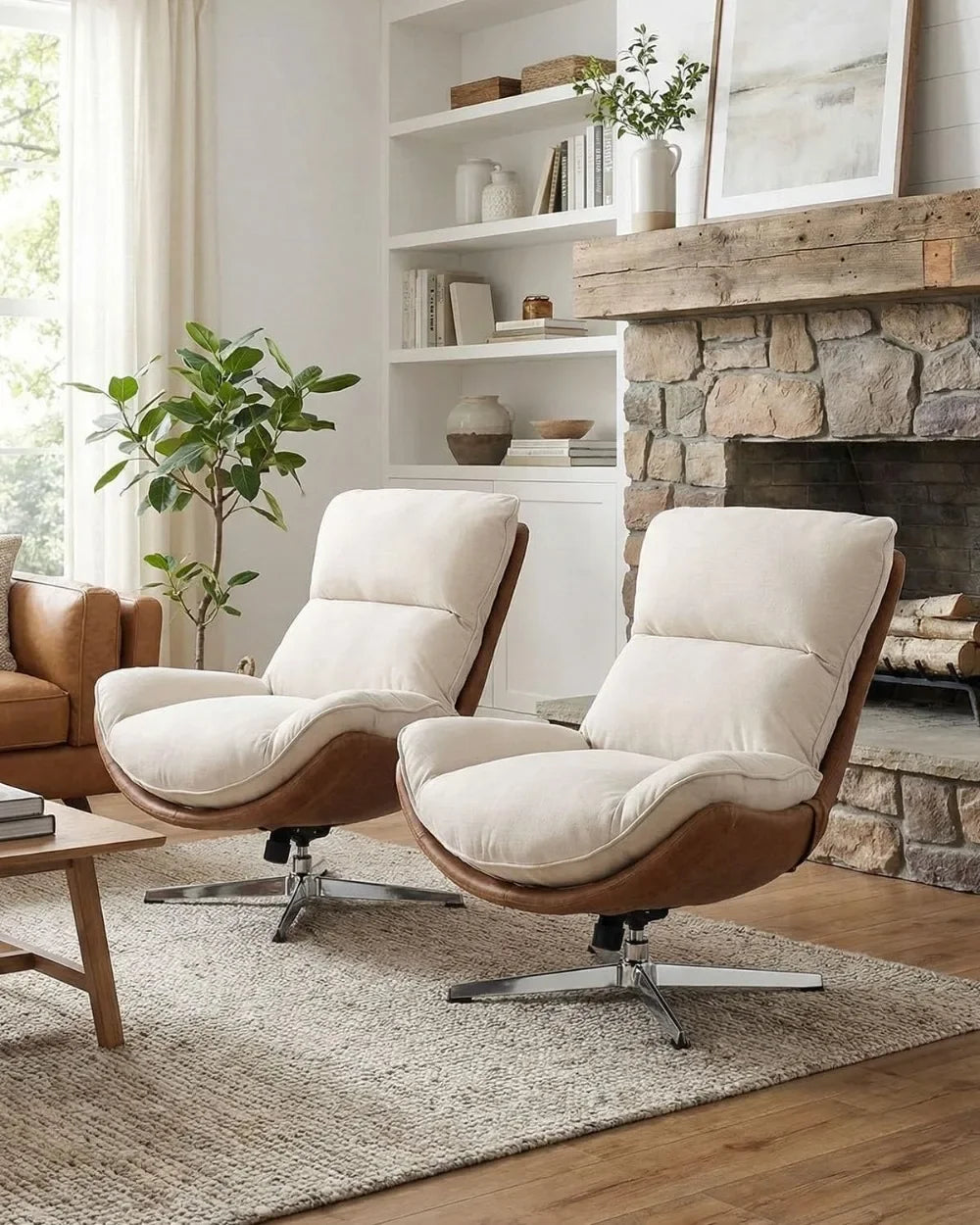Modern Swivel Lounge Chair High Back Recliner with Metal Base for Living Room Office Beige Comfortable