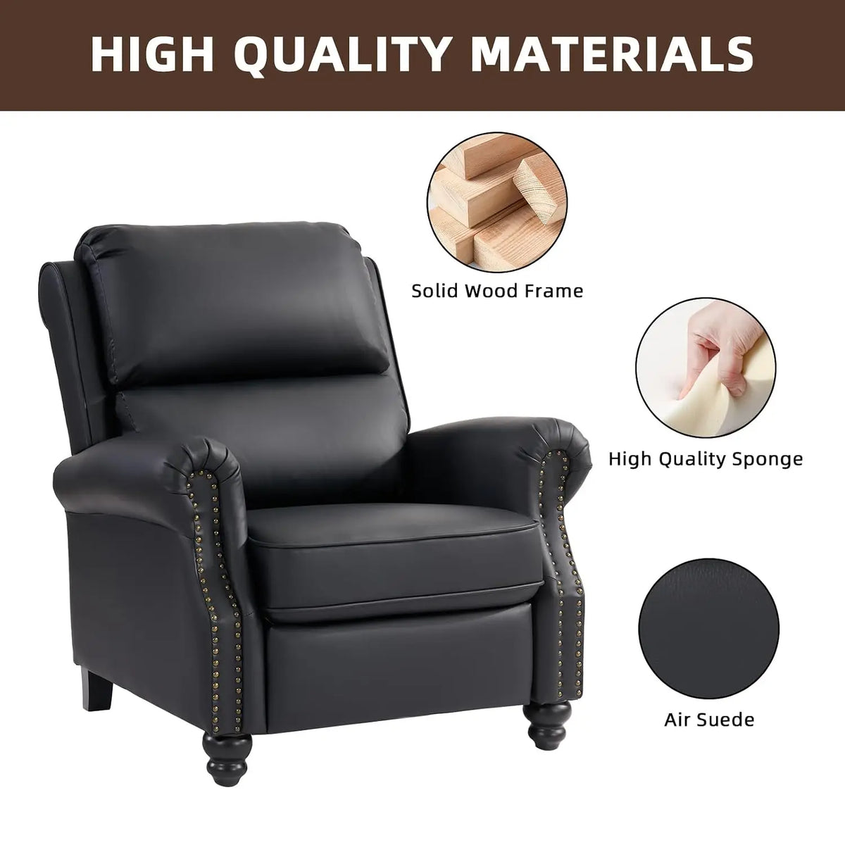 PU Leather Push Back Recliner Armchair with Lumbar Support Overstuffed Foam Wood Legs, Single Sofa for Living Room, Customized
