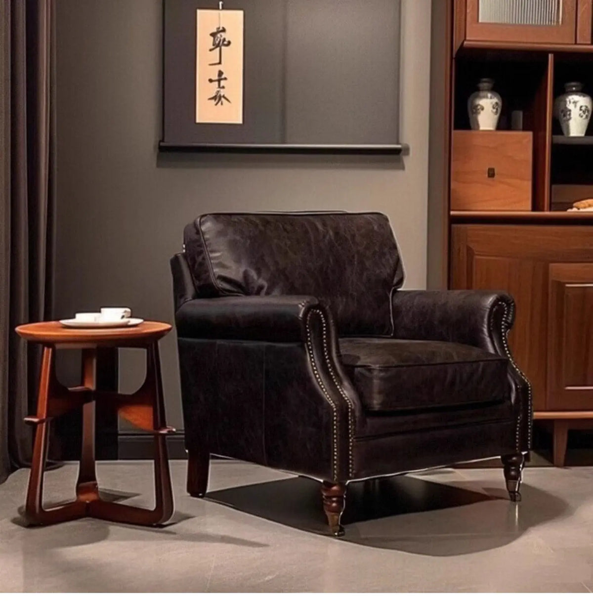SS Medieval classic leather single sofa oil wax leather cigar chair living room cigar bar  retro sofa chair