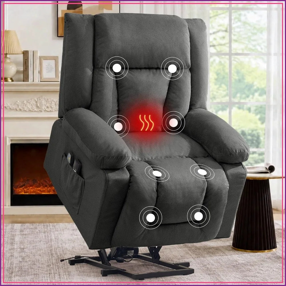 Dual Motor Power Lift Recliner Chair for Elderly Massage Heat Oversized Electric Recliner Side Pockets Living Room Waffle Grey