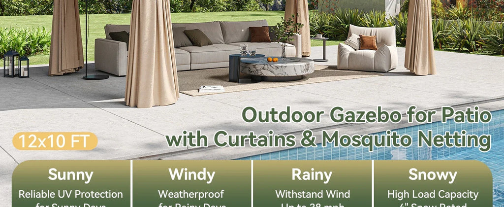 12'x10' Gazebo, Metal Frame Canopy with Double Roofs, Beige | Heavy Duty Outdoor Gazebo with Mosquito Netting and Privacy Screen