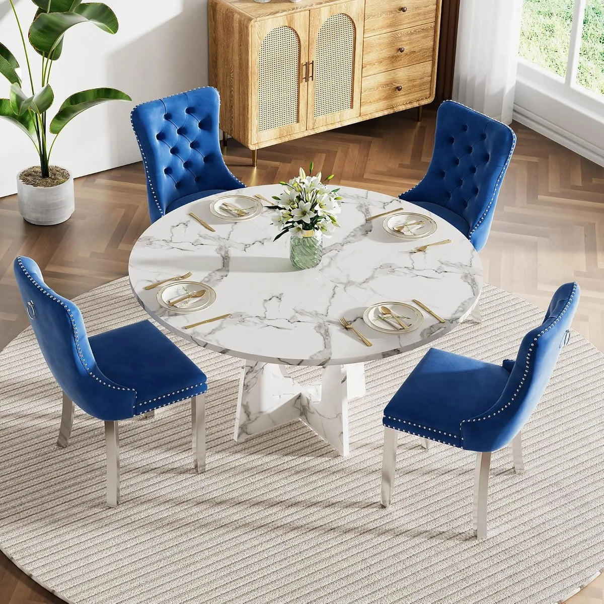 47" Round Farmhouse Dining Table Set, White Faux Marble with 4 Blue Velvet Chairs, Wooden Kitchen & Dining Furniture, Customized