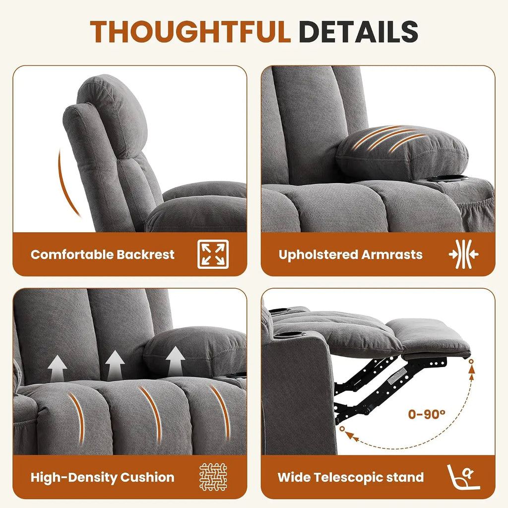 Swivel Rocker Recliner with Massage, Heat, USB, Cup Holders & Side Pocket for Living Room, Customized