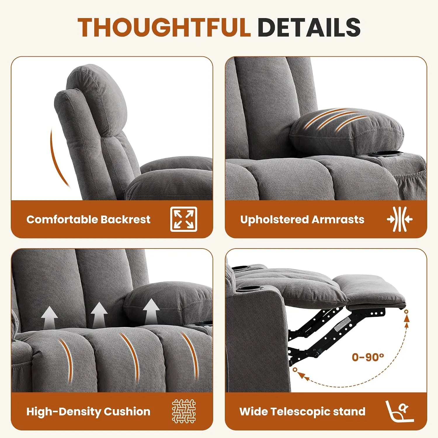 Swivel Rocker Recliner with Massage, Heat, USB, Cup Holders & Side Pocket for Living Room, Customized