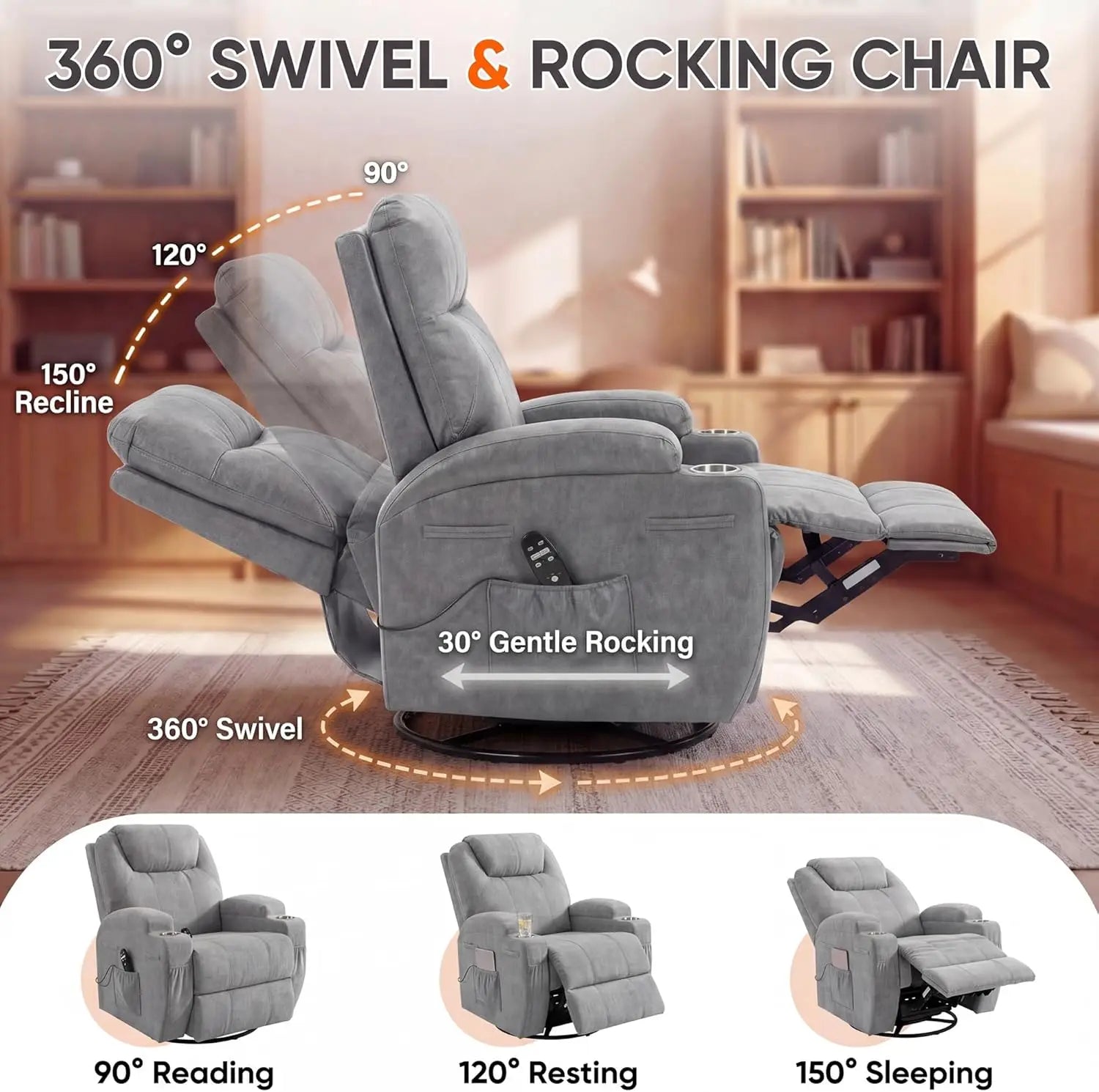 Small Swivel Rocker Recliner, 360 Rocking Chair Recliner with Massage, Upholstered Fabric Rocker Recliner with Cup Holder for Li