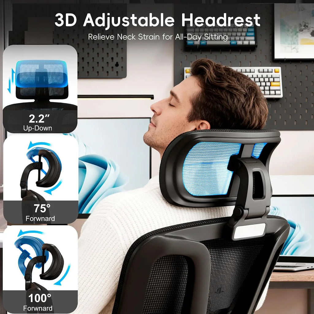 Ergonomic Office Chair with Footrest, Desk Chair with Lumbar Support, Mesh Seat, 3D Headrest, Black